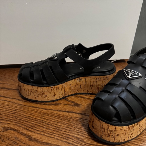 Prada Prada Black Rubber Monolith Platform Cork Sandals - Picture 8 of 12